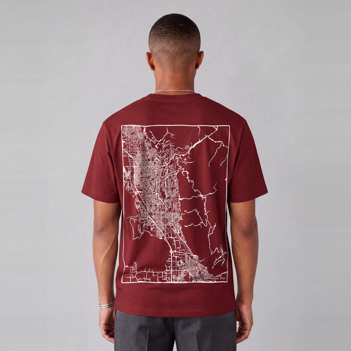 Provo map tee, back print on model - Maroon