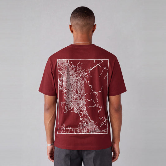 Provo map tee, back print on model - Maroon