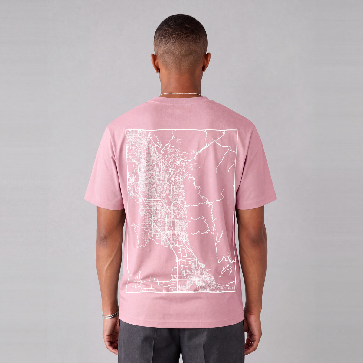 Provo map tee, back print on model - Pink