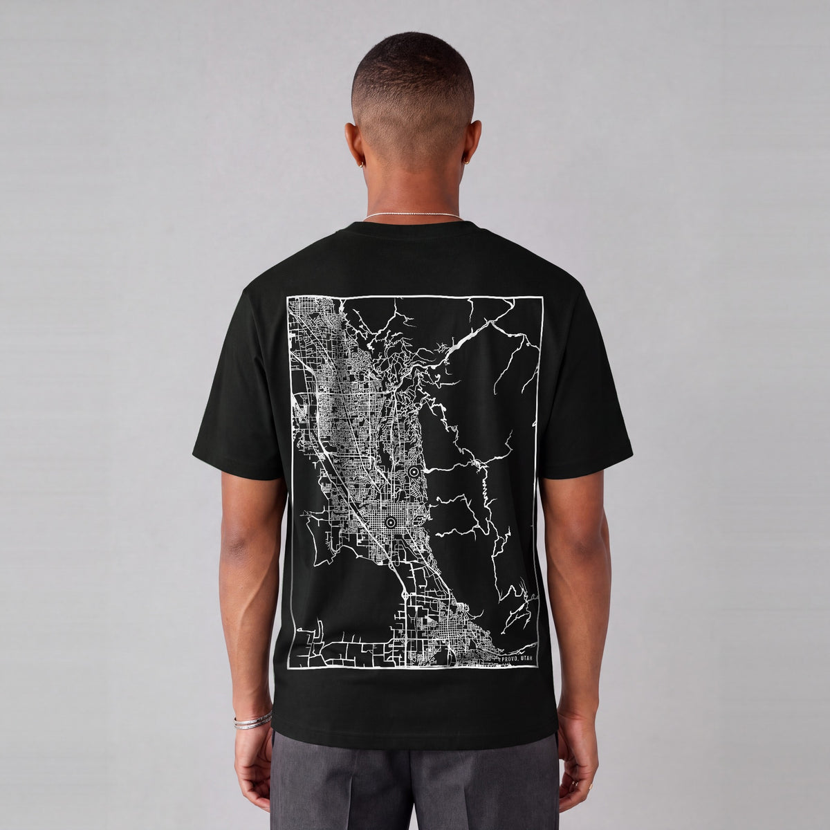 Provo map tee, back print on model - Black