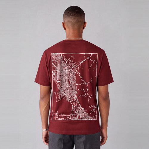Provo map tee, back print on model - Maroon