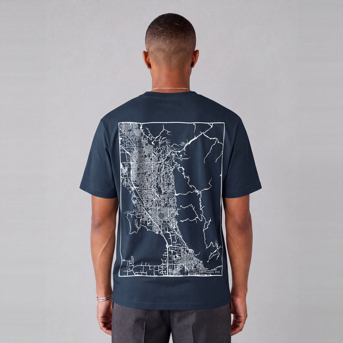 Provo map tee, back print on model - Navy Blue