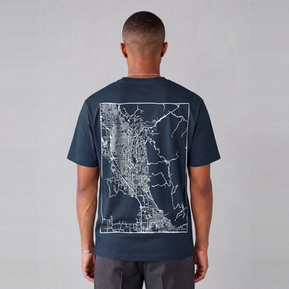 Provo map tee, back print on model - Navy Blue