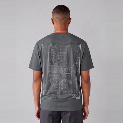 Quincy map tee, back print on model - Charcoal