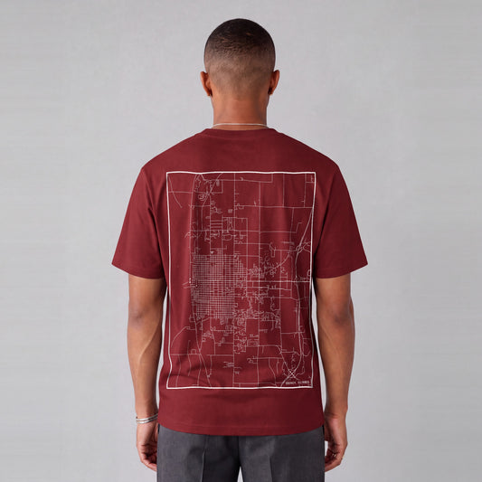 Quincy map tee, back print on model - Maroon