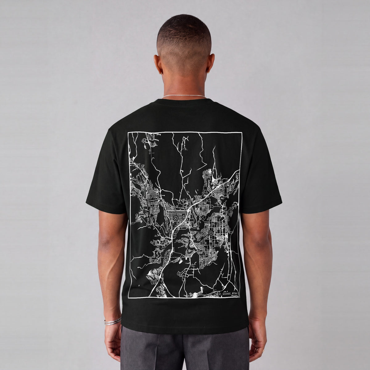 St. George map tee, back print on model - Black