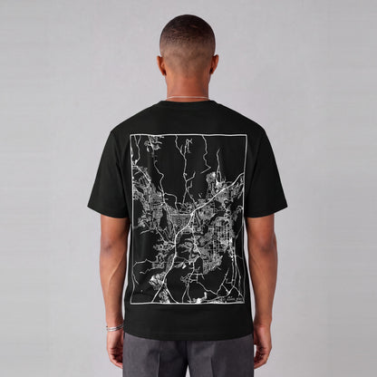 St. George map tee, back print on model - Black