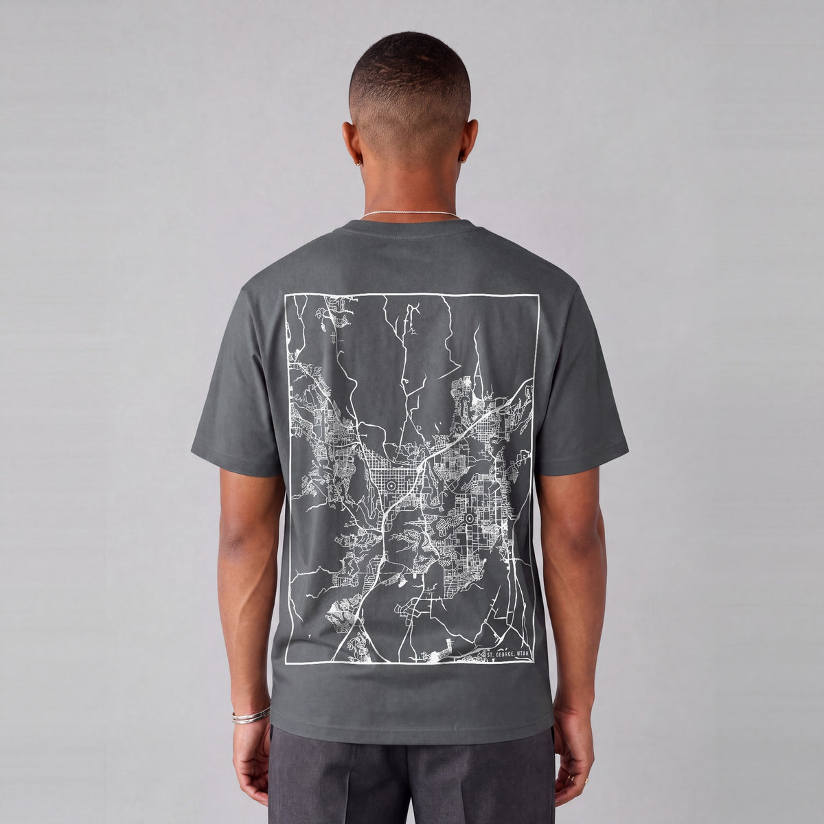 St. George map tee, back print on model - Charcoal