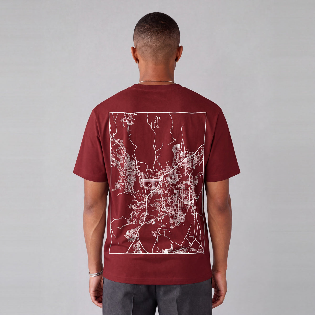St. George map tee, back print on model - Maroon