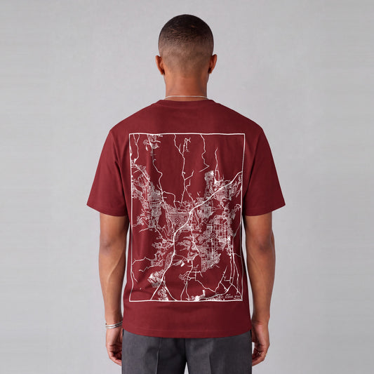 St. George map tee, back print on model - Maroon