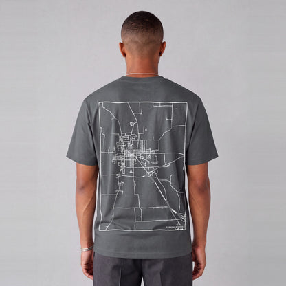 Richmond map tee, back print on model - Charcoal