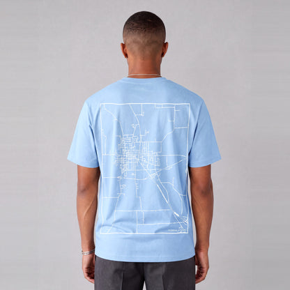 Richmond map tee, back print on model - Light Blue