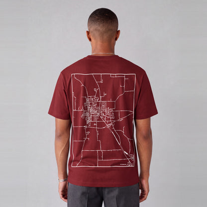 Richmond map tee, back print on model - Maroon