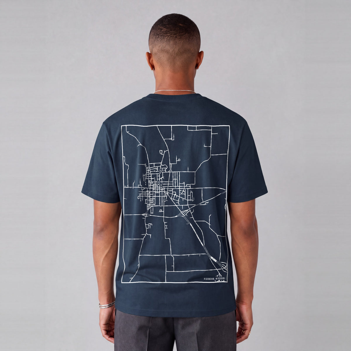 Richmond map tee, back print on model - Navy Blue