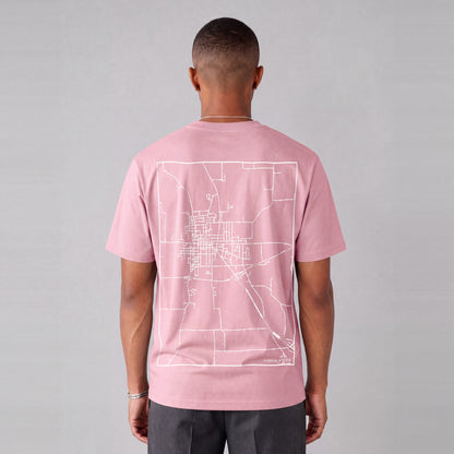 Richmond map tee, back print on model - Pink