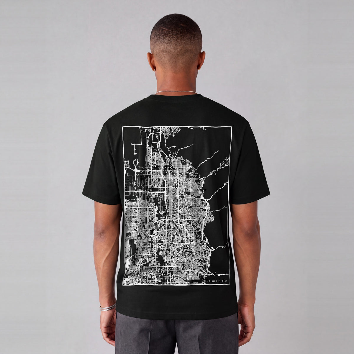 Salt Lake City map tee, back print on model - Black