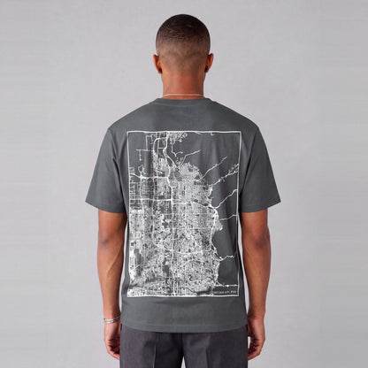 Salt Lake City map tee, back print on model - Charcoal