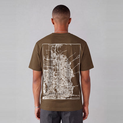 Salt Lake City map tee, back print on model - Coffee