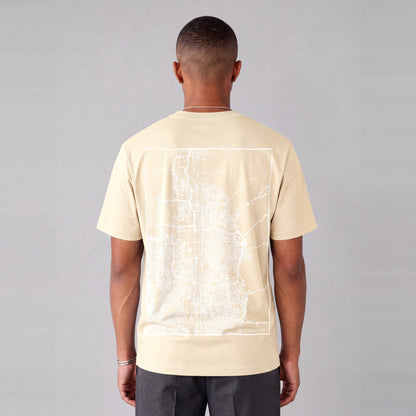 Salt Lake City map tee, back print on model - Cream