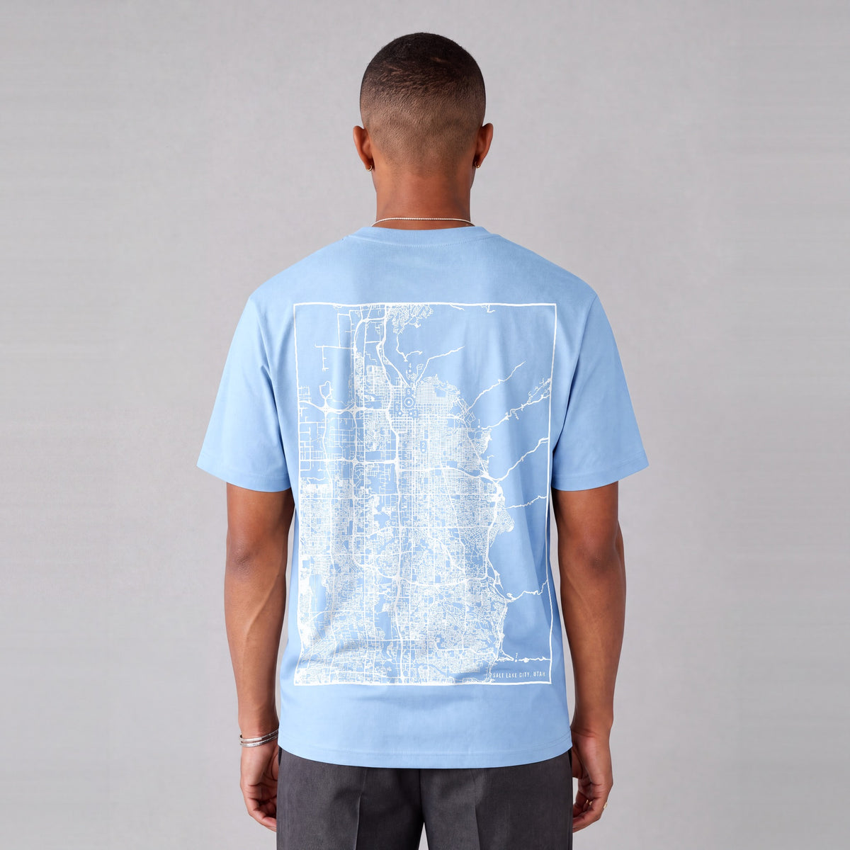 Salt Lake City map tee, back print on model - Light Blue