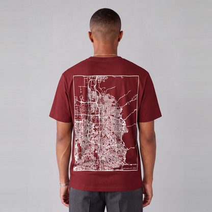 Salt Lake City map tee, back print on model - Maroon