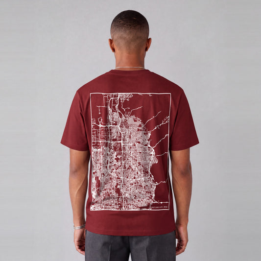 Salt Lake City map tee, back print on model - Maroon