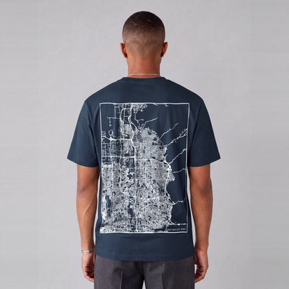 Salt Lake City map tee, back print on model - Navy Blue