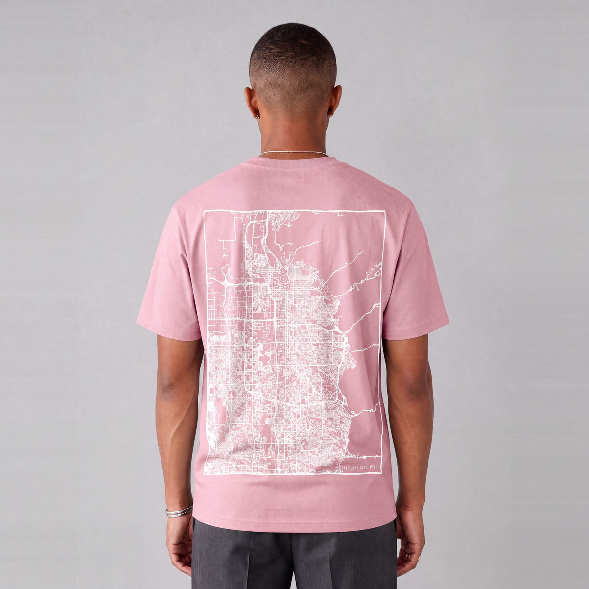 Salt Lake City map tee, back print on model - Pink