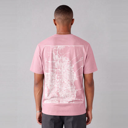 Salt Lake City map tee, back print on model - Pink