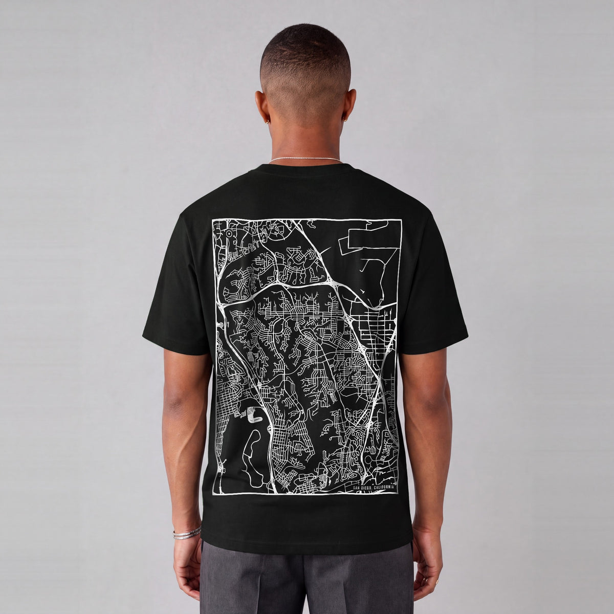 San Diego map tee, back print on model - Black