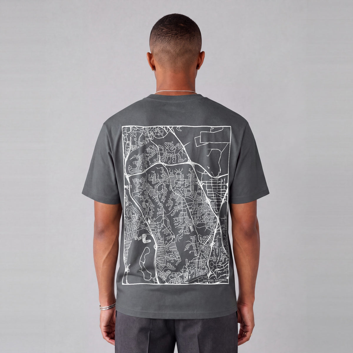 San Diego map tee, back print on model - Charcoal