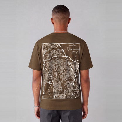 San Diego map tee, back print on model - Coffee