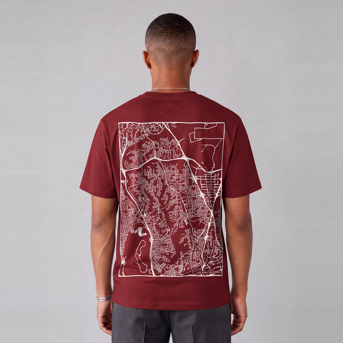 San Diego map tee, back print on model - Maroon