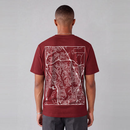 San Diego map tee, back print on model - Maroon