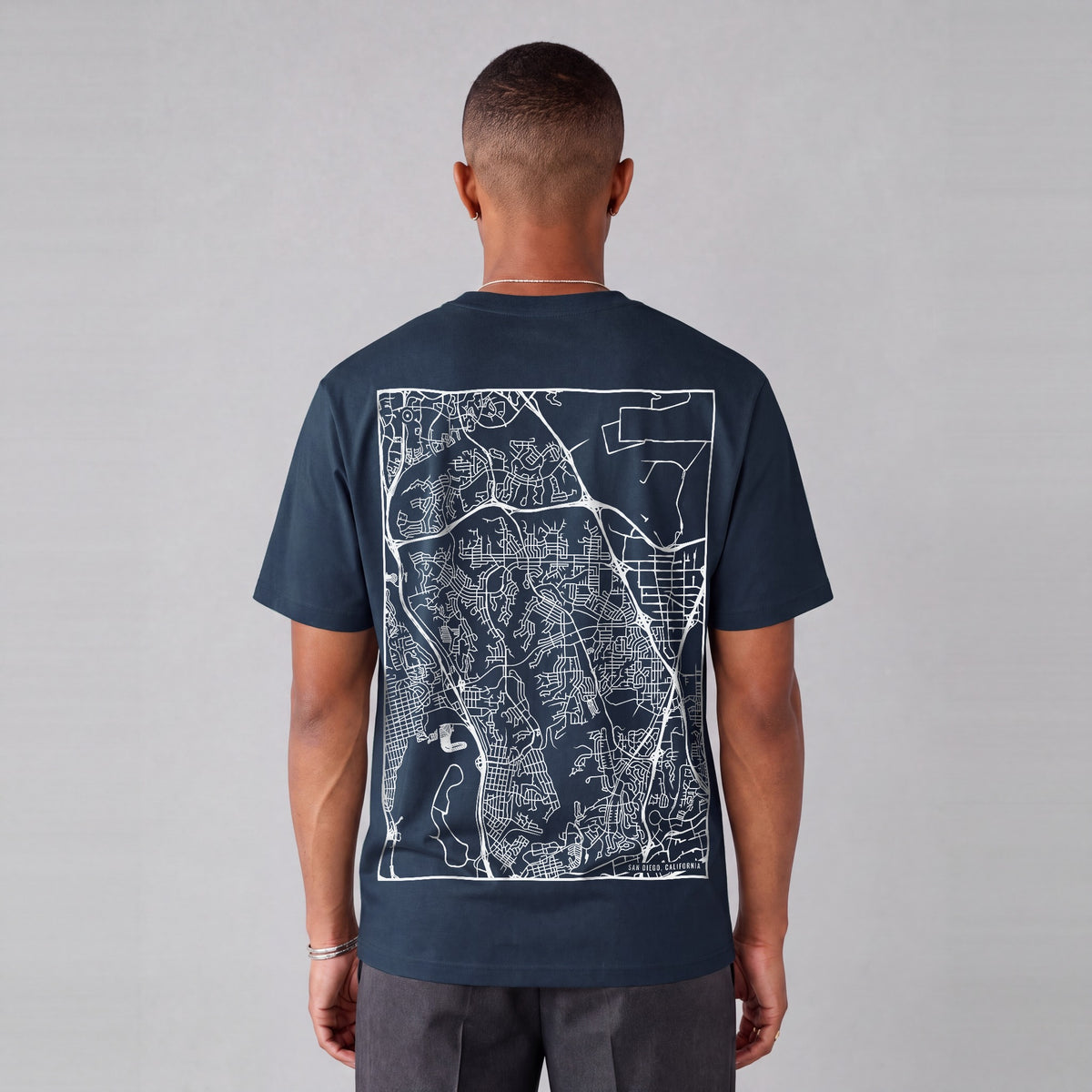 San Diego map tee, back print on model - Navy Blue