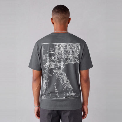 Saratoga Springs map tee, back print on model - Charcoal
