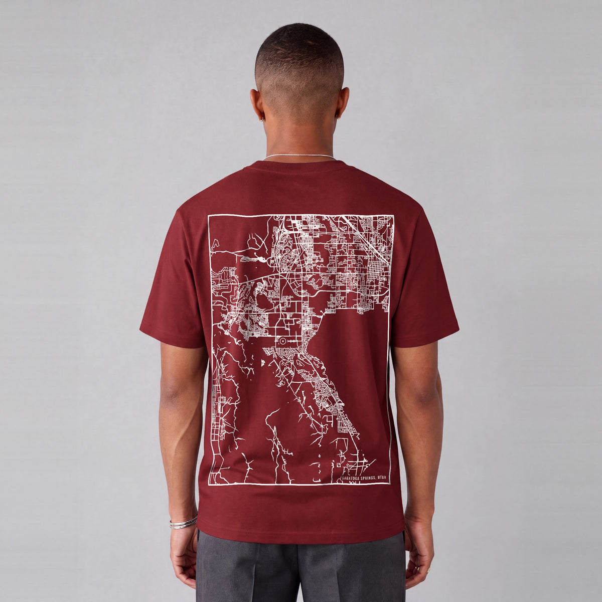 Saratoga Springs map tee, back print on model - Maroon