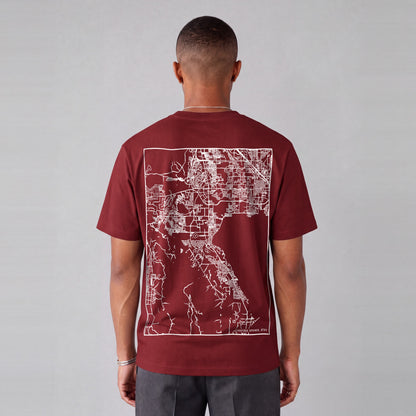 Saratoga Springs map tee, back print on model - Maroon
