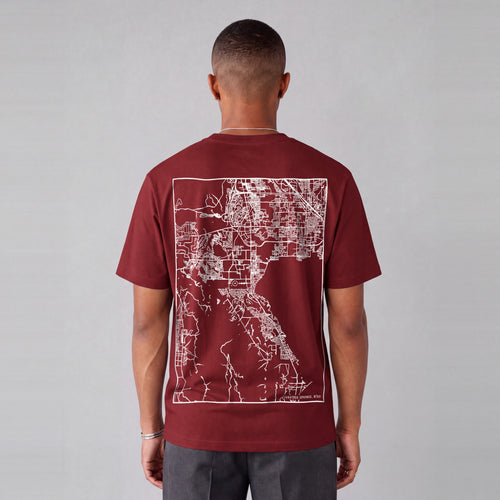 Saratoga Springs map tee, back print on model - Maroon