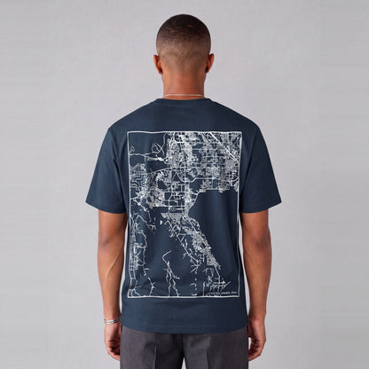 Saratoga Springs map tee, back print on model - Navy Blue