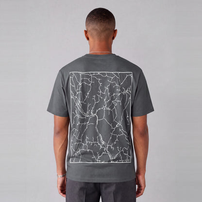 Sharon map tee, back print on model - Charcoal