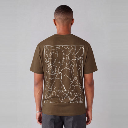 Sharon map tee, back print on model - Coffee