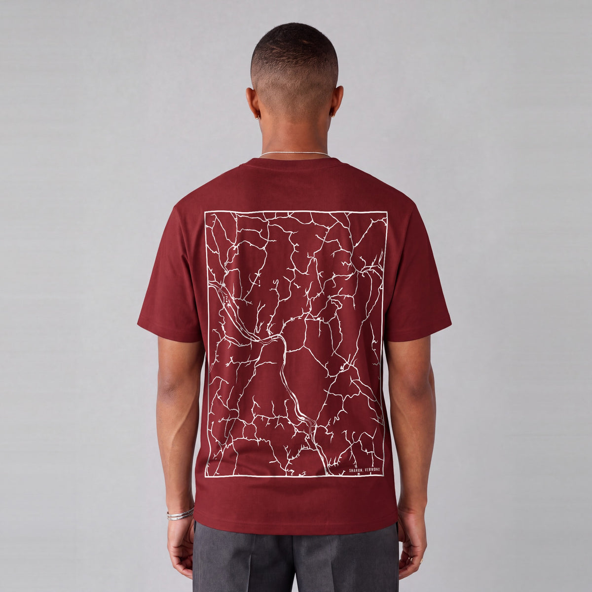Sharon map tee, back print on model - Maroon