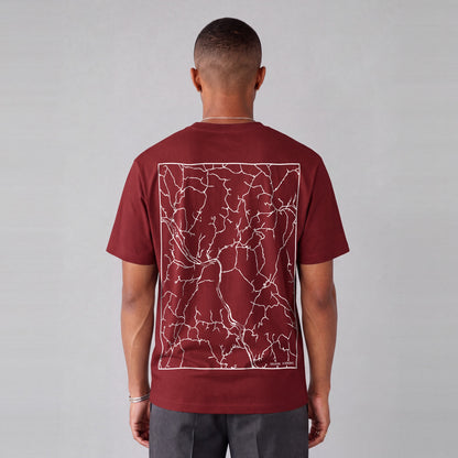 Sharon map tee, back print on model - Maroon