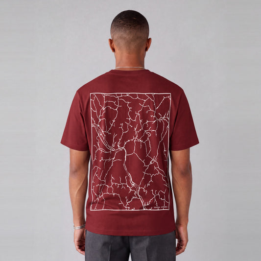 Sharon map tee, back print on model - Maroon