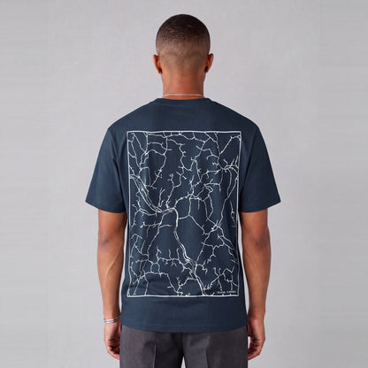 Sharon map tee, back print on model - Navy Blue