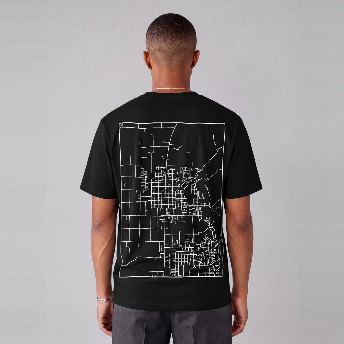 Smithfield map tee, back print on model - Black