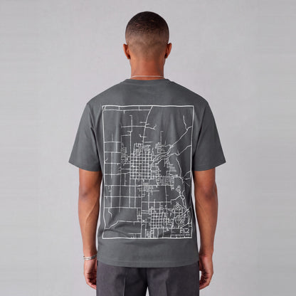 Smithfield map tee, back print on model - Charcoal