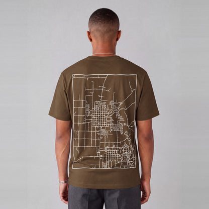 Smithfield map tee, back print on model - Coffee
