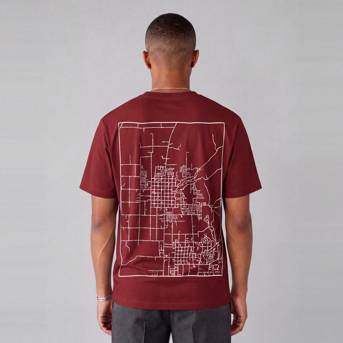 Smithfield map tee, back print on model - Maroon